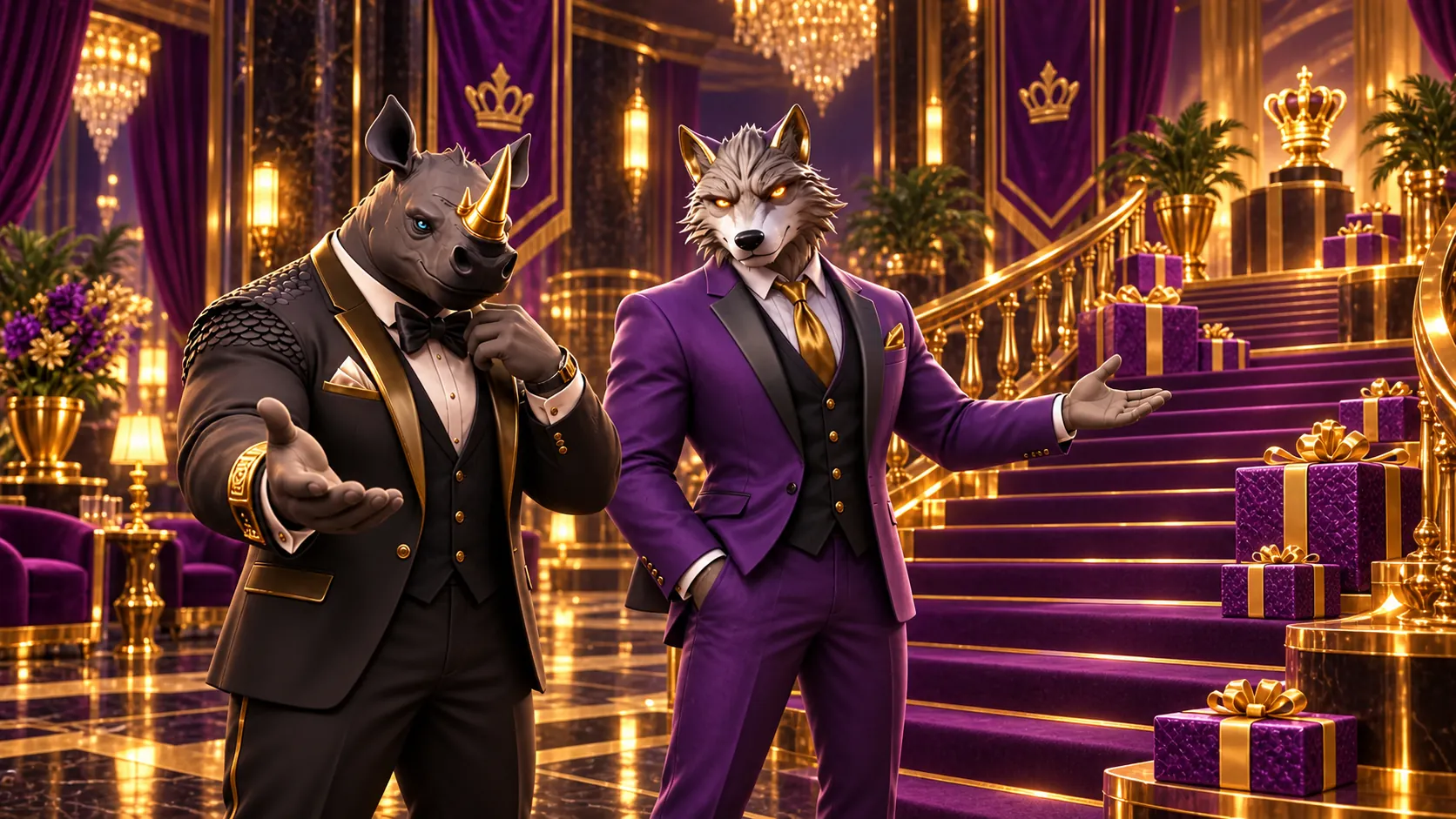 Οι χαρακτήρες του Bizzo Casino δίπλα σε μια σκάλα με δώρα και σύμβολα VIP επιβράβευσης.